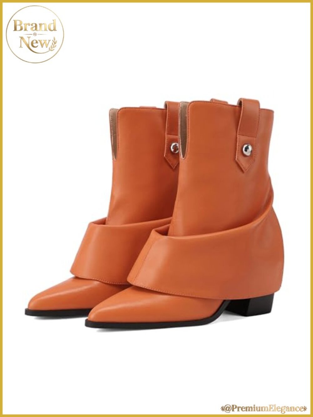 Faux Leather Fold-Over Ankle Booties Pointed Toe Chunky Heel Fold Over Boots